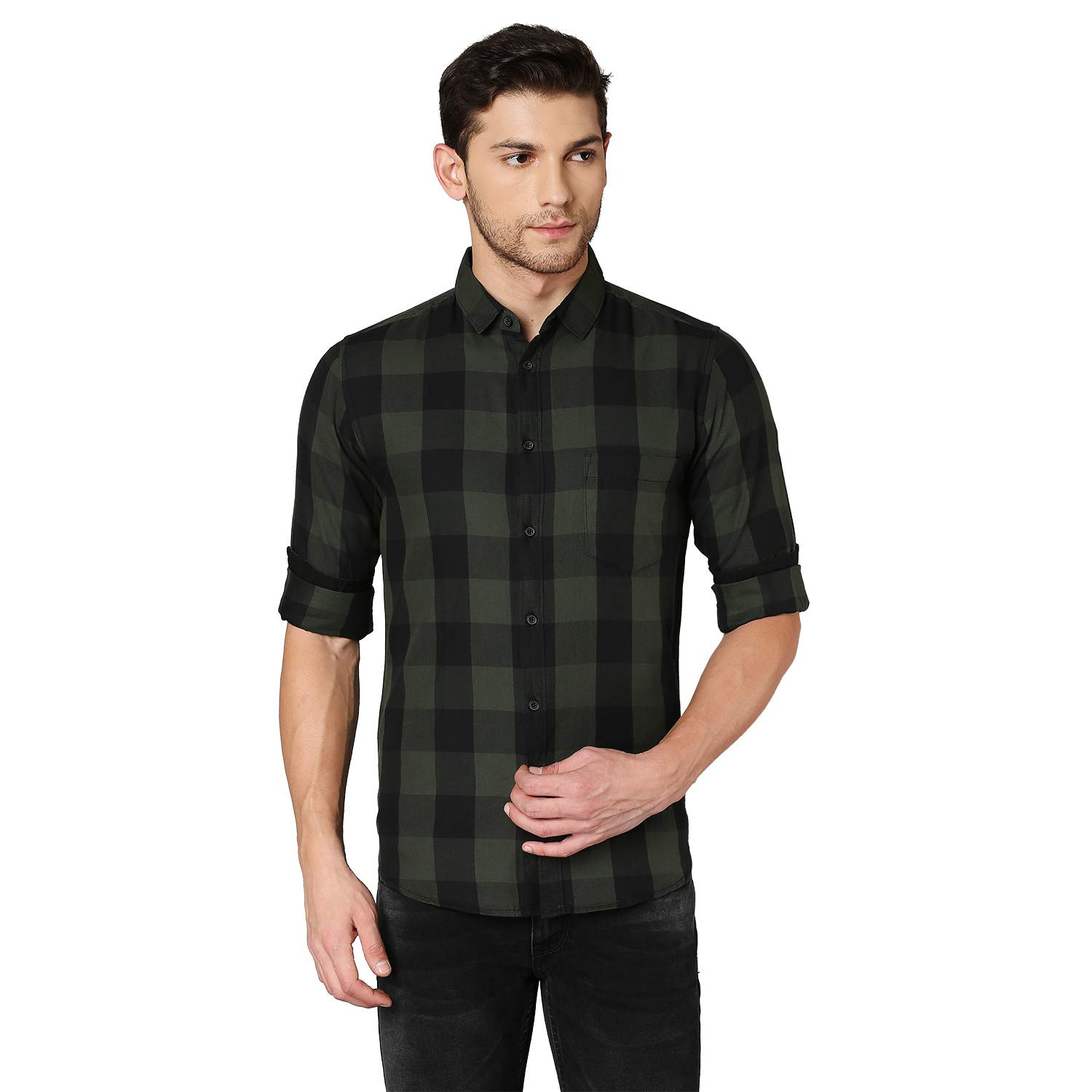 SPO302-Dennis Lingo Men's Cotton Buffalo Check Slim Fit Casual Shirt with Pocket, Full Sleeve Shirt for Formal & Casual Wear