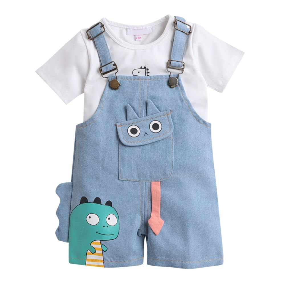 SPO153-Hopscotch Boys Cotton Embellished T-Shirt Dungaree Overall Set