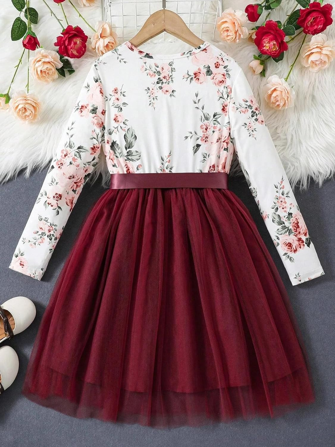 SPO160-TAGAS Toddler Girls Flower Print Long Sleeve Dress || Flower Pattern Dress for Kids || Fit & Flare Dress || Long Sleeve Dress for Kids || Casual Dress