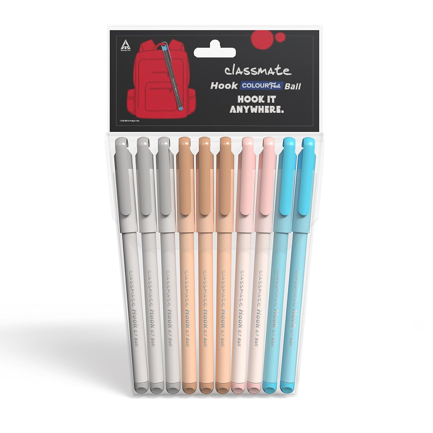 SPO766-Classmate Hook Ball Pen- Blue (Pack of 10)|Multicolour Body Pens|Attractive Pastel Shades for Boys & Girls|Smooth Writing Ball Pen|Unique Design