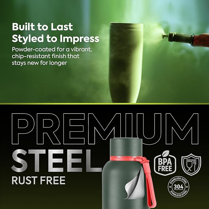 Pexpo Bravo 1000 Stainless Steel Water Bottle 980ml | Hot and Cold Flask | ISI Certified Steel Bottle | Triple Wall Insulation | Leakproof | for Home, Office | 1-Year Warranty | Military Green