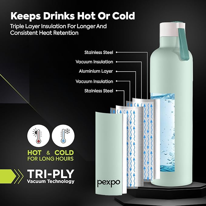 Pexpo Oslo Pro 1000 Hot & Cold Stainless Steel Water Bottle |Thermosteel Flask|Vacuum Insulated |ISI Certified | 980ml, Sea Green| Gift for Girls & Boys|Office | Home | Gym | Adults| RCB Edition