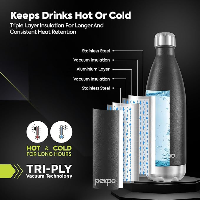 PEXPO Electro Hot & Cold ISI Certified with Jute Bag | 2 Year Warranty | Stainless Steel Water Bottle - 1500ml Knight Black | Office Bottle | Workout | Travelling | Home