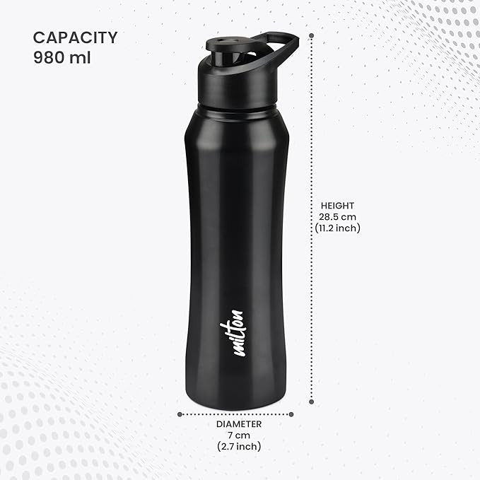 MILTON Comet 1000 Stainless Steel Water Bottle 1000 ml, Single Walled, ISI Certified I Leak Proof Lid, Rust Proof I For School, Office, Gym I Black