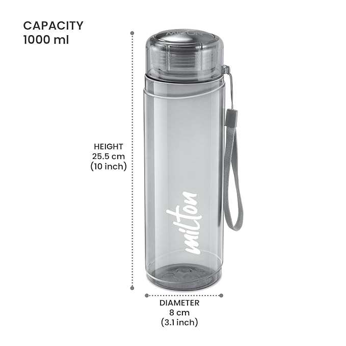 MILTON Hector 1000 Water Bottle, 1 Litre, Reusable Plastic Fridge Bottle, BPA Free and Leak Proof Bottles for Travel, Work, Pack of 1, Grey