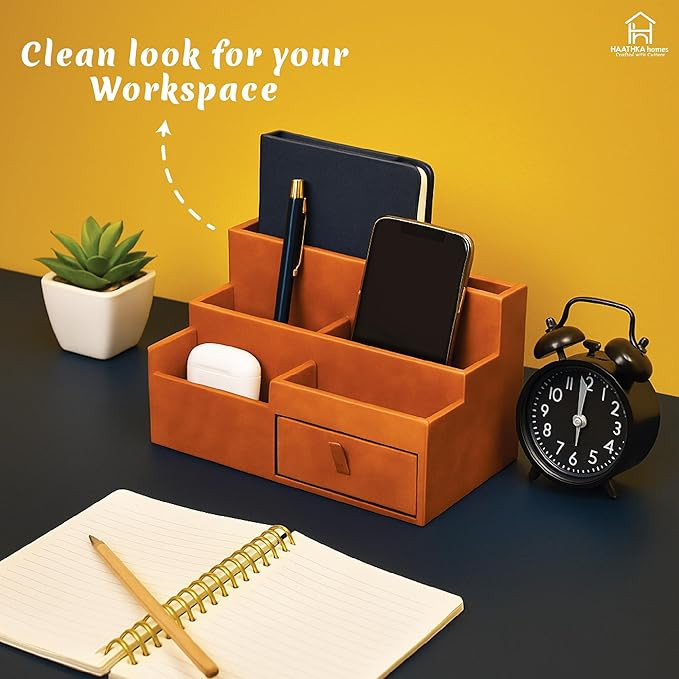 Premium Vegan Leather Office Desk Organiser - Stationery Items, Pen Stand for Table, Desk Accessories, Office Products and Organisers for a Sleek, Organized Workspace (Desk Organiser, 1)