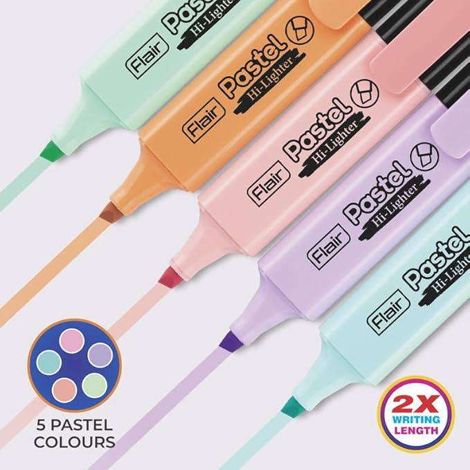 FLAIR Pastel 5 Shades Hi-lighter Pouch Pack | Flexible Line Width | Quick Drying & Smudge Proof Pastel Ink | Non-Toxic Ink, Safe For Childrens | 5 Smoothing Colors, Pack of 1