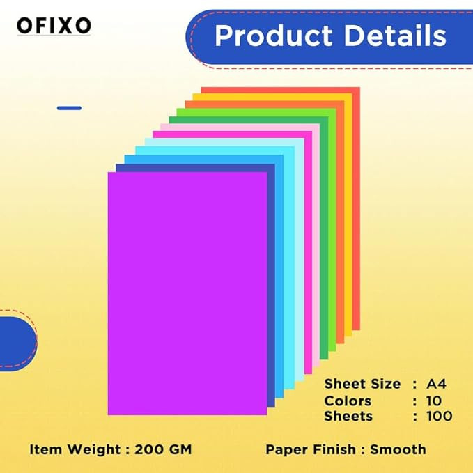 OFIXO 100 Pieces Colour Sheets Copy Printing Papers/Art and Craft Paper A4 Sheets Double Sided Coloured Origami Folding DIY Craft Smooth Finish Home, School, Office Stationery (10 Sheets each color)
