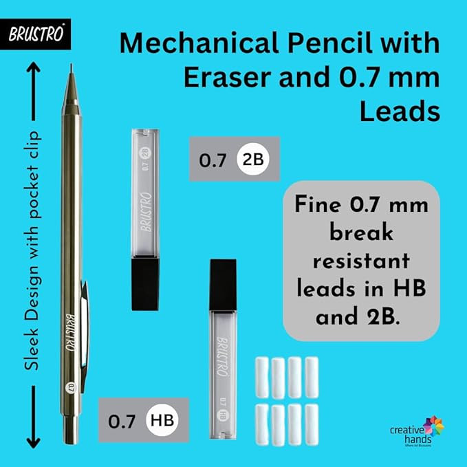 BRUSTRO Mechanical Pencil Set | HB-20 leads, 2B-20 leads,Spare eraser 8 units|Tip size 0.7 mm | Ideal for Students,Adults, Home, School, Office, Stationery Use |Writing, Sketching, Drawing,Mandala Art