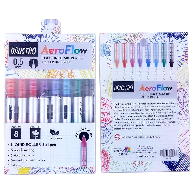 BRUSTRO AeroFlow Coloured Micro-Tip Roller Ball Pen | Tip size - 0.5 mm - Set of 8 |Leakproof, Quick Dry, Acid-Free, Non-Toxic,Fade Resistant,Ideal for Drawing,Doodling, Office, Stationery, School use