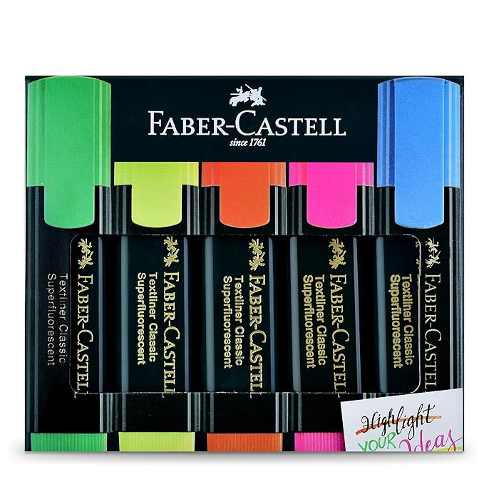Faber-Castell Textliner Pen Set – Pack of 5 Assorted Colours | Refillable Markers for Study, Journaling & Doodling | Stationery Essential for Students