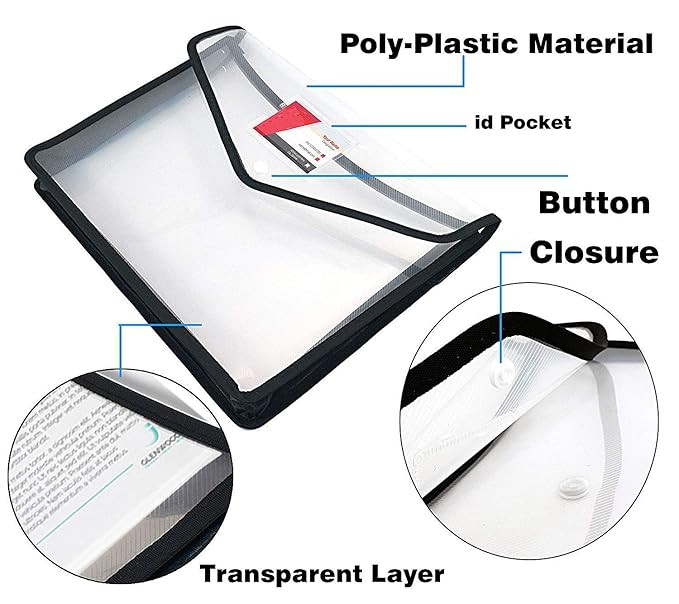 SPS File Folder, Transparent Poly-Plastic A4/Foolscap Documents File Storage Bag with Snap Button Set of 5/Certificate File Folder