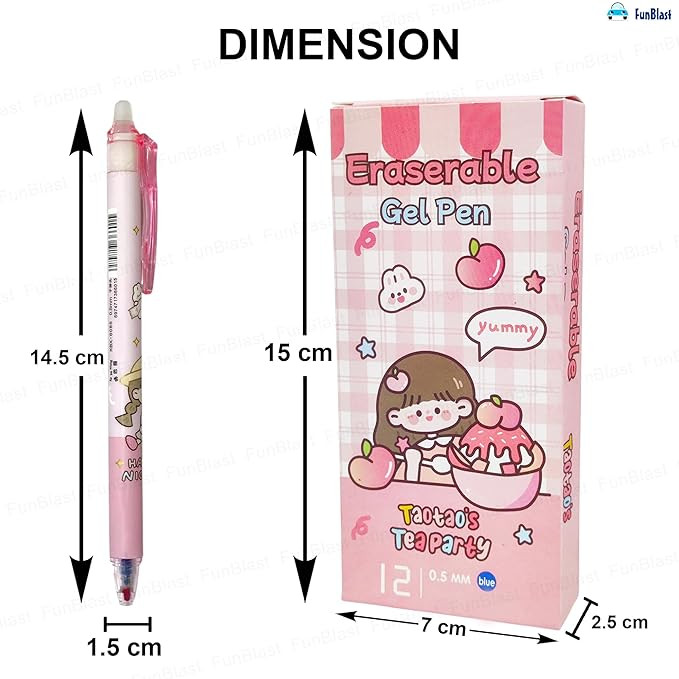 FunBlast Erasable Gel Pens – 12 Pcs of Gel Pen with Magic Eraser, Kawaii Gel Pens, Lightweight Gel Pen with Comfortable Grip, Stationery for School & Office – Blue Ink