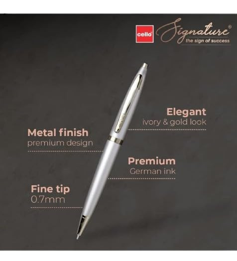 Signature Cello Crème Ivory Slim Ball Pen|Blue Ink|1 Ball Pen|Ivory and Gold Finish|Premium Metal Pens for Office Use|Stylish Gifts for Christmas and New Year|Gifts for Men and Women