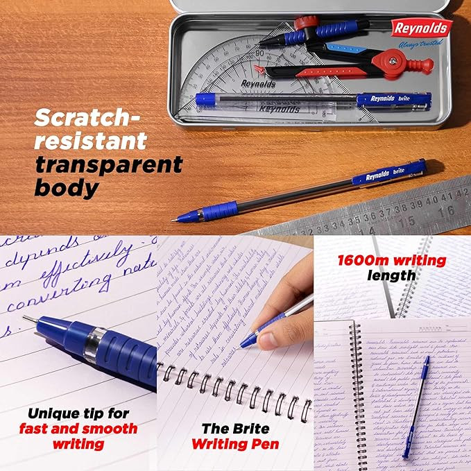 Reynolds BRITE Ball Pen SET - 25 BLUE PENS WITH COMFORTABLE GRIP | BALL PENS FOR WRITING | PEN FOR STUDENTS & OFFICE STATIONERY | 0.7 mm TIP SIZE