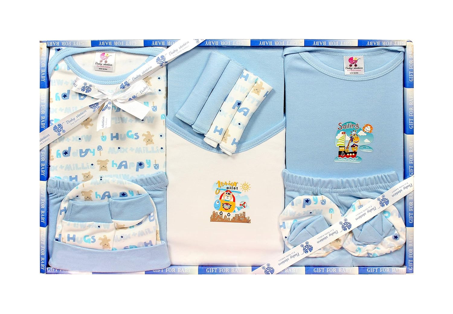 BABY STATION Cotton Gift Set For New Born Unisex- 13 Pieces (Blue)