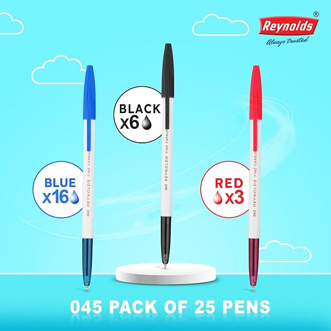 Reynolds 045 CARBURE 25 CT JAR, 16 BLUE, 6 BLACK & 3 RED | Ball Point Pen Set With Comfortable Grip | Pens For Writing | School and Office Stationery | Pens For Students | 0.7mm Tip Size