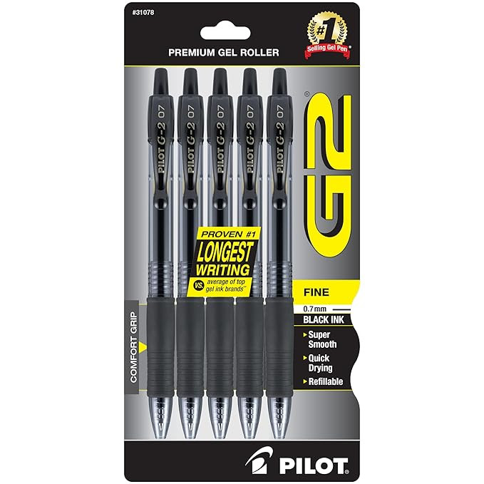 Pilot G2 Retractable Premium Gel Ink Roller Ball Pens, Fine Point, 5-Pack, Black Ink (31078)