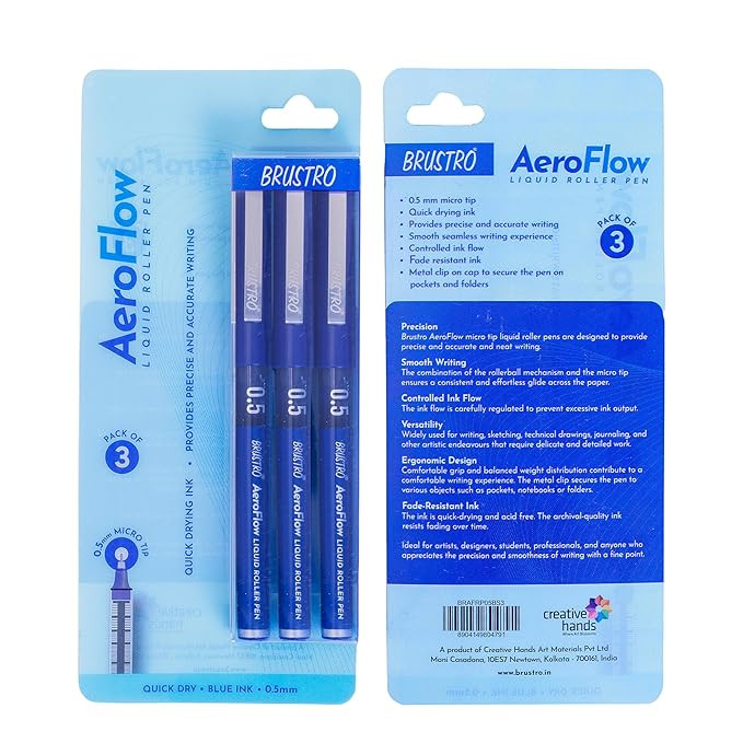 BRUSTRO AeroFlow Liquid Ink Rollerball Pens | Blue | 0.5mm, Micro Tip | Pack of 3| Ideal for Students, Professionals, Office, Exam use, Accurate Smooth Writing, Fade Resistant