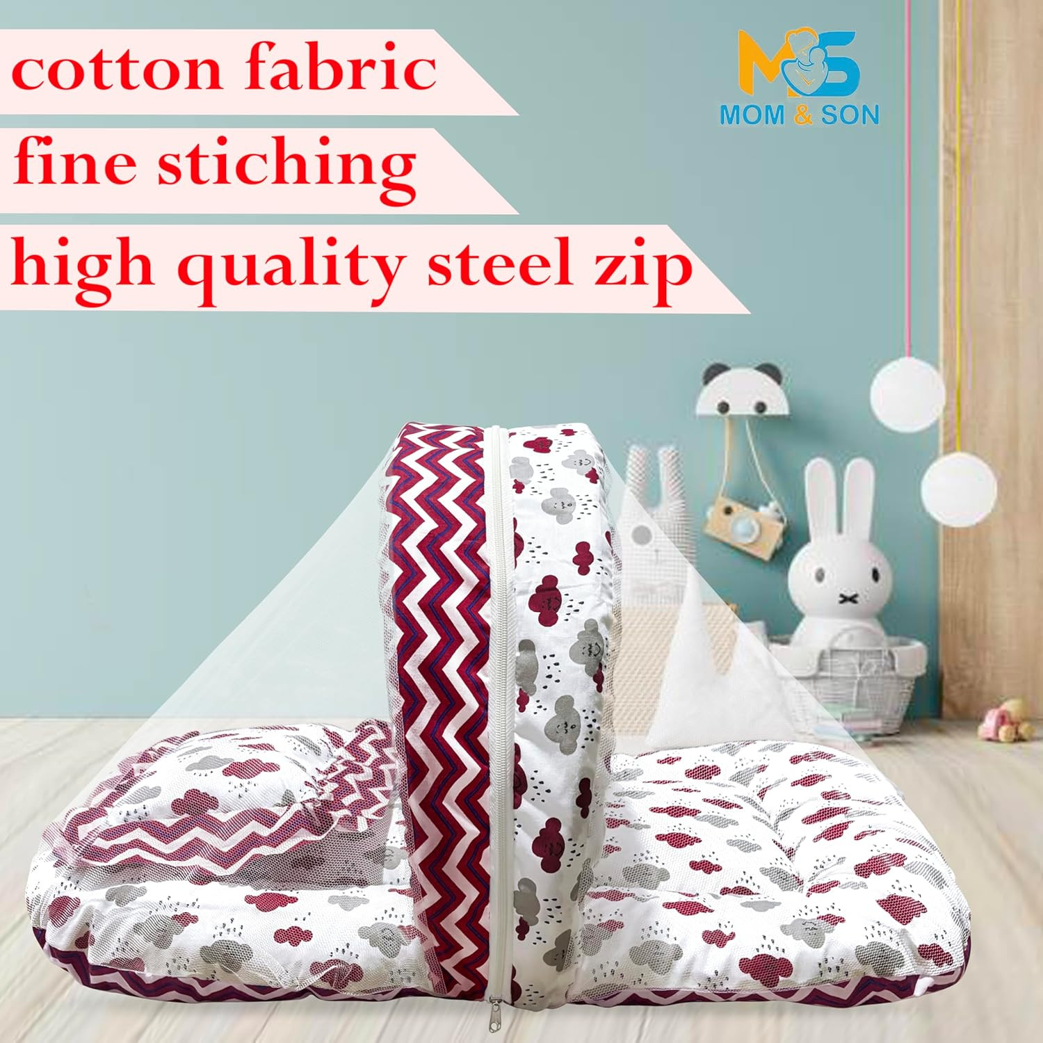 MOM & SON New Born Baby Bedding Set,Sleeping Bag, Baby Net with Mattress & Gadda Mattress Set for 0-6 Months (Pack of 3)