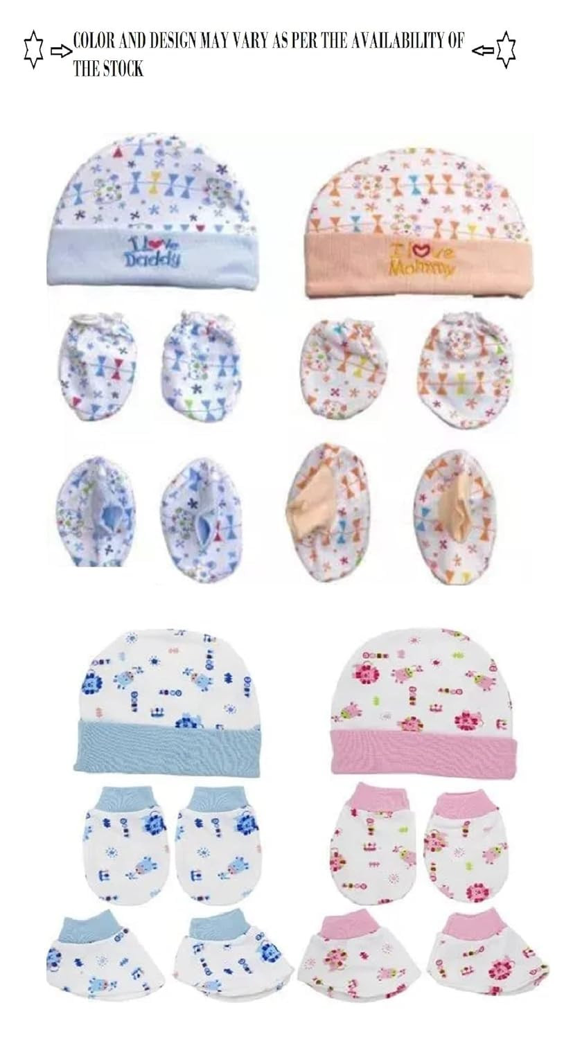 New Born Baby Infant Soft Cotton Mitten Sets with Cap and Booties (Set of 4, Availability Colour May Vary and Print Designs)