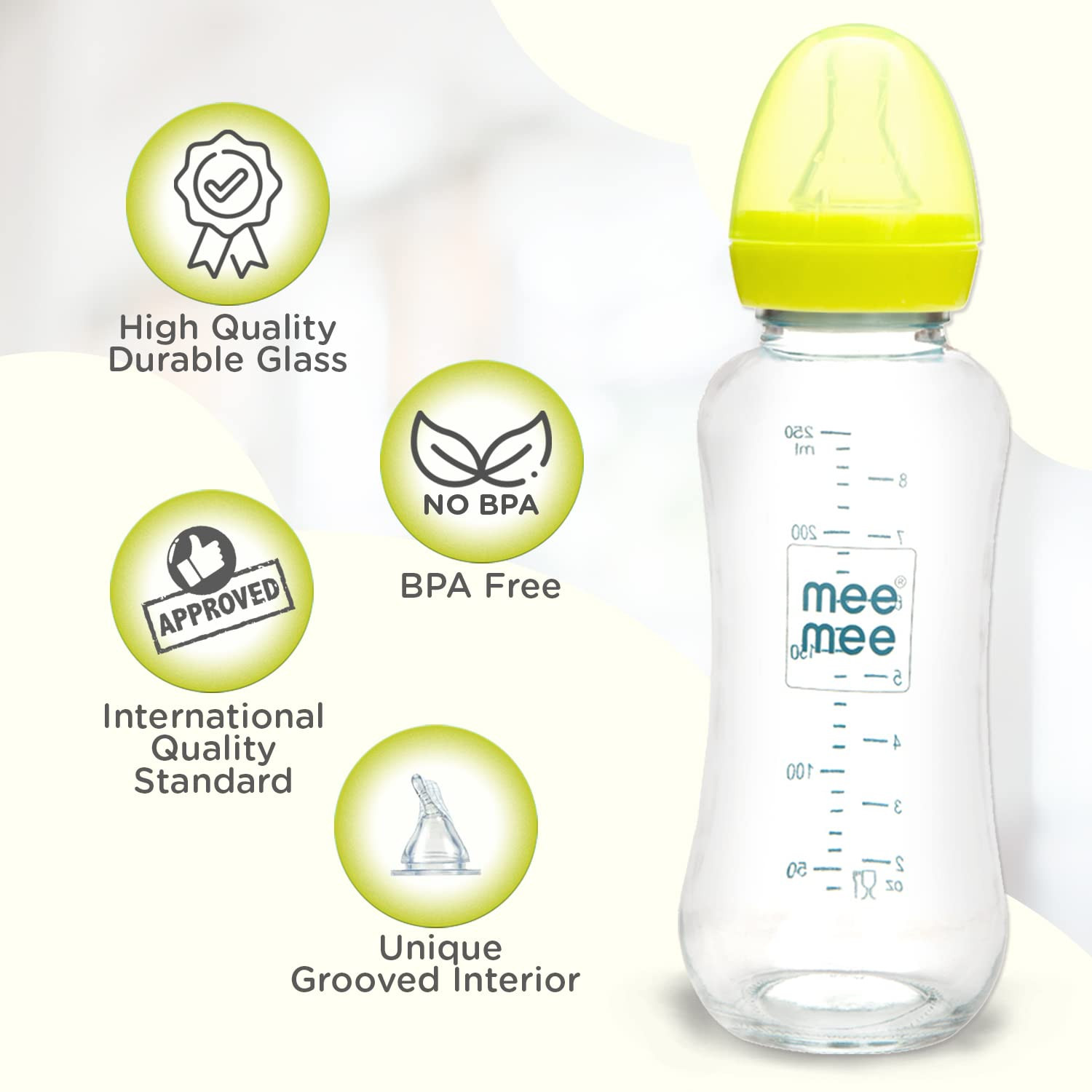 Mee Mee Glass Feeding Bottle 240ml| Baby Milk Bottle with Eazy Flo Technology, Anti-Colic Valve, Anti-Slip Ergonomic Shape & Slim Neck | BPA-Free, Borosilicate Glass Feeding Bottle for 0m+/Babies Upto 3 Years (Green)