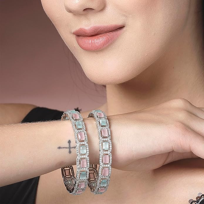 ZENEME Rhodium-Plated Silver Toned American Diamond Square Shaped studded Bangle Jewellery Set for Girls and Women (Set Of 2)