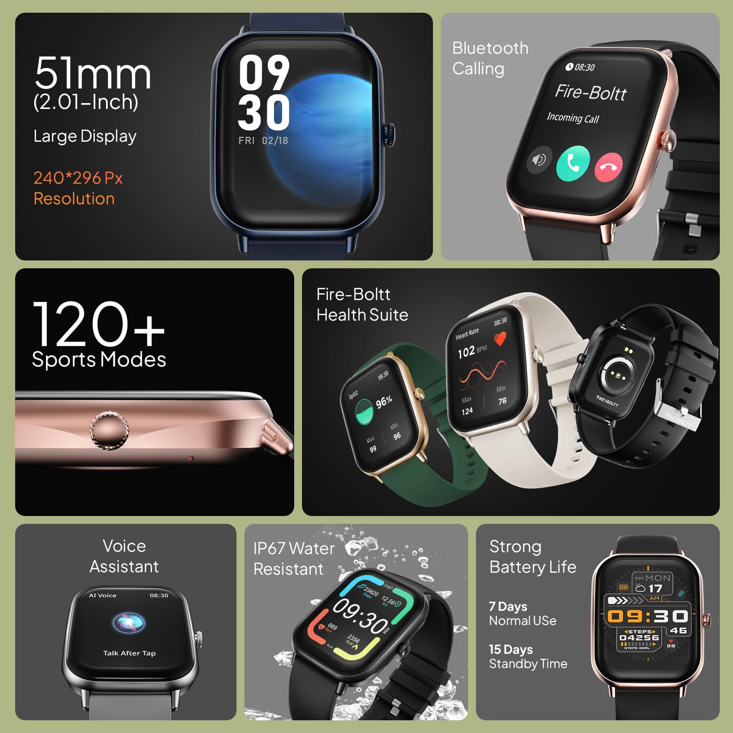 Fire-Boltt Ninja Call Pro Max Smart Watch 2.01 inch Display, Bluetooth Calling, 120+ Sports Modes, Health Suite, Voice Assistance (Forest Green)