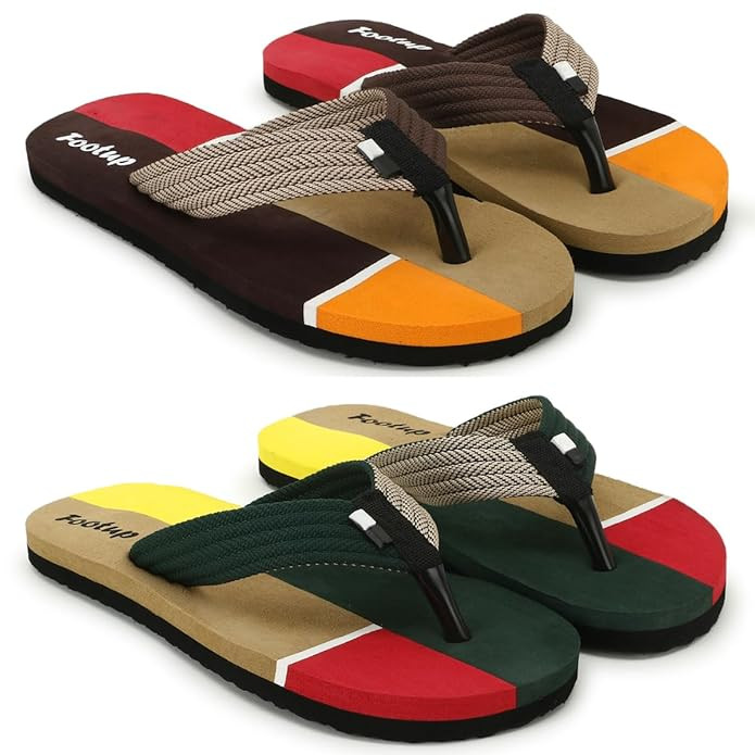 Men’s Flip Flops Pack of 2 | Soft Cushioned Everyday Wear Slippers for Men | Comfortable Fabric Strap & Anti-Slip EVA Sole | Lightweight Indoor Outdoor Chappal