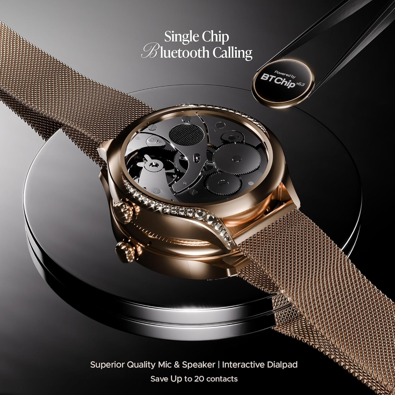 boAt Enigma Gem Women's Luxury Smart Watch w/ 1.19” (3.02cm) AMOLED Display, Emergency SOS Live Location Sharing, Watch Face Studio, QR Tray, BT Calling, 700+ Active Mode, HR & SpO2 (Rose Gold)