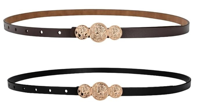 MOCA Women’s, Teens & Girls Slim PU Leather Waist Belt with Gold Coin Buckle | Stylish Dress Belt for Saree, Kurti, Tops, Jeans & Modern Wear