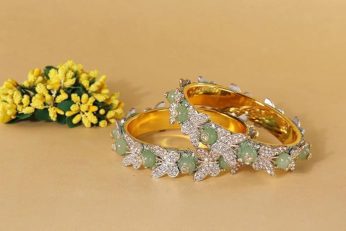LAVAZZA Stylish Butterfly Design Golden Metal with Zircon Diamond & Pearls Moti Bangles Kada For Women & Girls | Traditional Girl's Bangles Bracelet | Latest Women's Kangan Wedding, Party-Set of 2