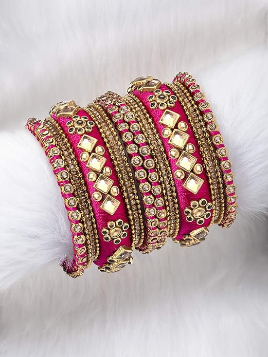 Peora Rani Pink Silk Thread Fabric and Stone Studded Kundan Chura Chuda Ethnic Bangle Set Gift for Women Girls 2.6"