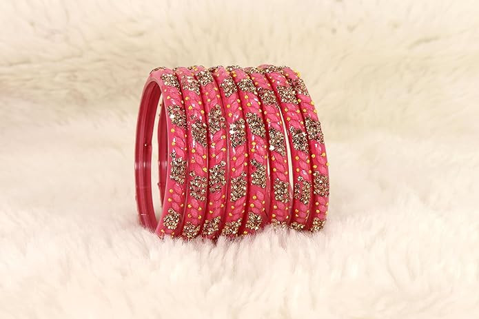 LAVAZZA Designer Glass Bangles Set with Golden Zircon Diamond Stone & Beads Studded For Women & Girls | Traditional Glass Kada Set | Stylish Women's Kangan Fashion Jewellery Bangles- Set of 8
