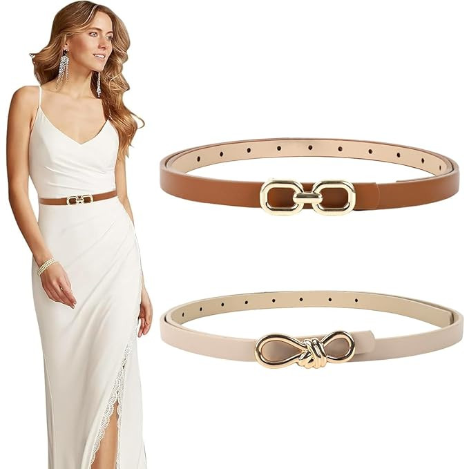 SANNIDHI® 2Pcs Belt for Women Dresses Jeans Fashion Waist Belts for Women, PU Slim Belt for Blazer Dress Shirt - Beige & Brown, Elegant Gold Metal Buckle, Tuck and Pin Closure, Fits Waits 35-39inch