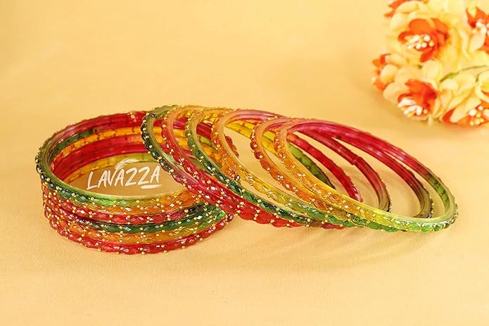 LAVAZZA Raindrop Glass Bangles Set For Women & Girls with Zircon Diamond Stone & Beads | Trendy Transparent Crystal Glass Bangles | Fancy Kanch ki Chudi Set | Bangles for Wedding, Party- Set of 12