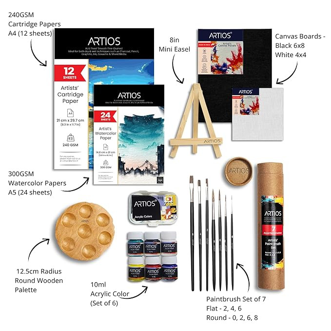 ARTIOS Painting Kit for Artists - 53 Pcs Painting Set for Adults and Kids with Professional Paint Brush Set, Paints, Easel, Mixed Media Papers, Watercolor Papers, Canvas Boards, and Wooden Palette