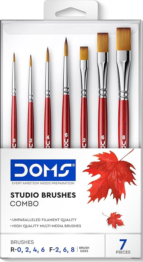 DOMS Studio Flat & Round Brushes Set of 7 Combo(No. R-0,2,4,6 & F-2,4,6) Unparalleled Filament Multi Media Brushes for Artists & Professionals