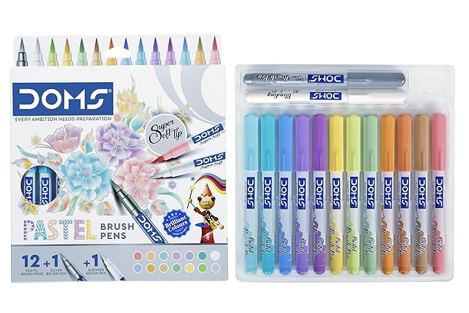 Doms Super Soft Tip Pastel Shades Brush Pen Set | 12 Pastel Shades + 1 Silver Shade + 1 Blender | Ideal for Doodling, Illustrations, Calligraphy, Artists, Studenst & Professioanls | Pack of 2