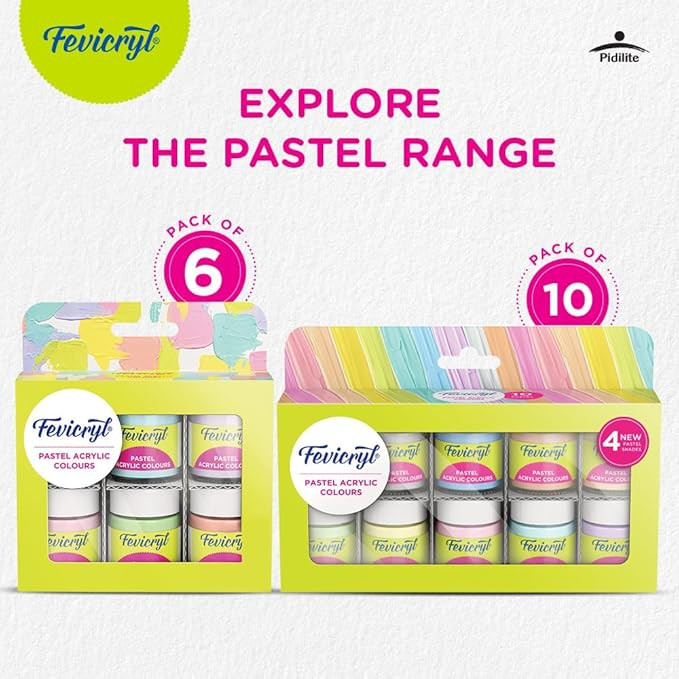 Fevicryl Acrylic Colours Pastel Kit | 10 Colours x 15 ml | DIY Paint, Rich Pigment | Multicolour & Multi-surface | Non-Cracking Paint for Canvas, Wood, Leather, Earthenware, Metal