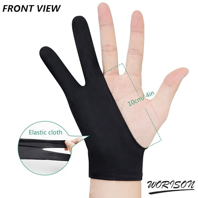 Worison Artist Two-Finger Glove for Pencil Sketching, Watercolours Painting and Graphics Drawing Tablet 1pc (Free Size), Black