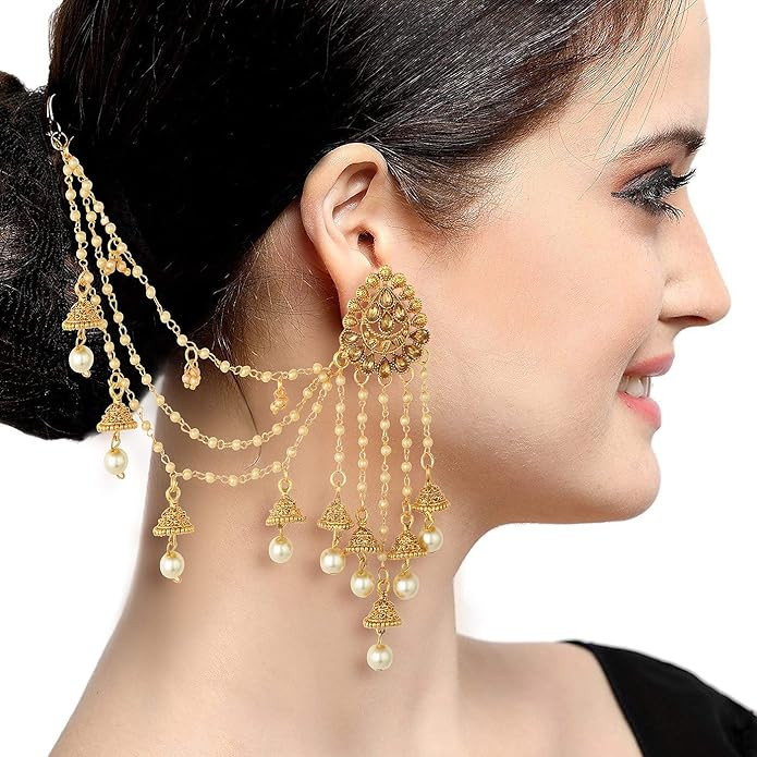 Sukkhi Traditional Brass Gold Plated Wedding Jewellery Bahubali Inspired Long Chain Jhumki Earrings for Women