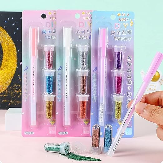 SAMVARDHAN Glitter Powder Glue Pen Painting Tool Set, Multicolored, Fine Gloss Powder, Quick Drying, DIY Art Accessory for Kids & Adults