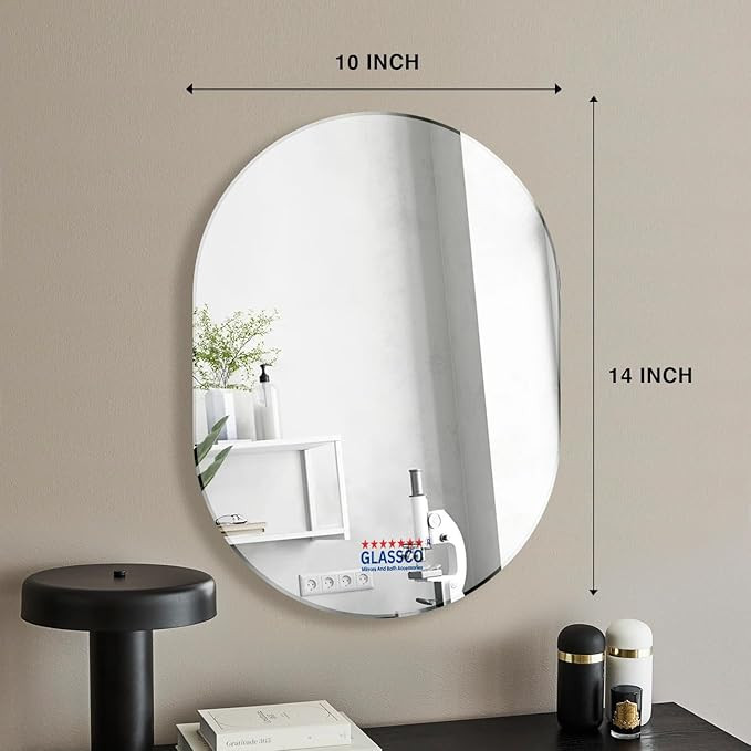 Glassco Mirror for Living Room, Frameless Wall Mount for Decoration, Bathroom, washbasin, Bedroom, entryway, Home dcor, Capsule Design Beveled (14x10 inch Horizontal and Vertical Hangs)