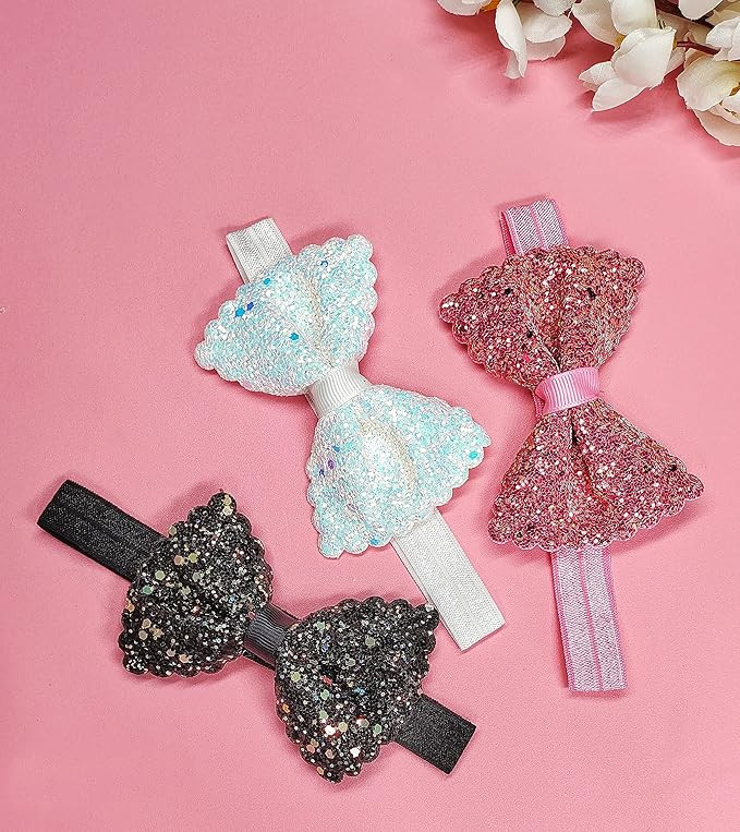 ANNA CREATIONS 3 Pcs Premium Glitter Soft Bow Multicolor Good Elastic Headband Hair Accessory for Baby Girls and Kids