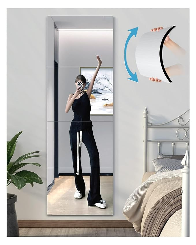 UNBREAKABL MIRO Shatterproof Wall Mirror Full Length for Bedroom, Plexiglass Gym Mirrors for Home, Extra Thick: 0.12 inch, 8 x 8 inch x 4 Pcs, Over The Door, Long Wall Mounted, Rectangular, Silver