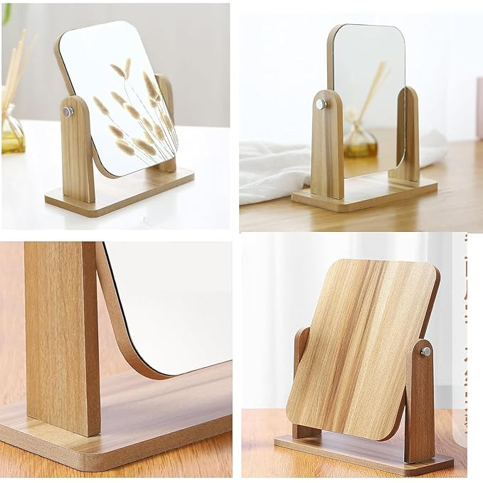 ARURA (LABEL) Wooden Desk Square Makeup Mirror - 360 Degree Rotatable, Eco-Friendly Cosmetic Mirror with Adjustable Wooden Stand | Compact Vanity Mirror for Bedroom & Dressing Table,Tabletop (Small)