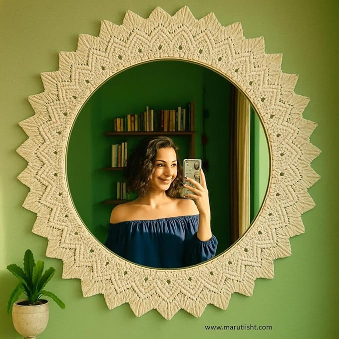 Macrame Round Mirror for Bedroom Decor Handmade Boho Wall Hanging Aaina for Make Up Dressing and Living Room Party Home Decoration, Off-White, 17 X 17 Inches, 1 Piece,Style-19