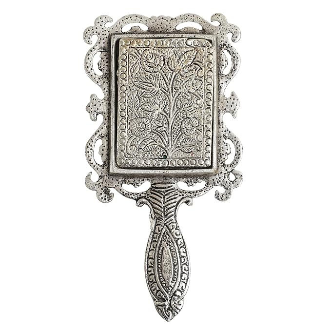 PURESTORY Hand Mirror | Hand Mirror for Makeup | Hand Mirror for Travel | Beautifully Carved Square Shape Framed Silver Plating Metal Hand Mirror | Best for Gifting | Hand Mirror for Women - Silver