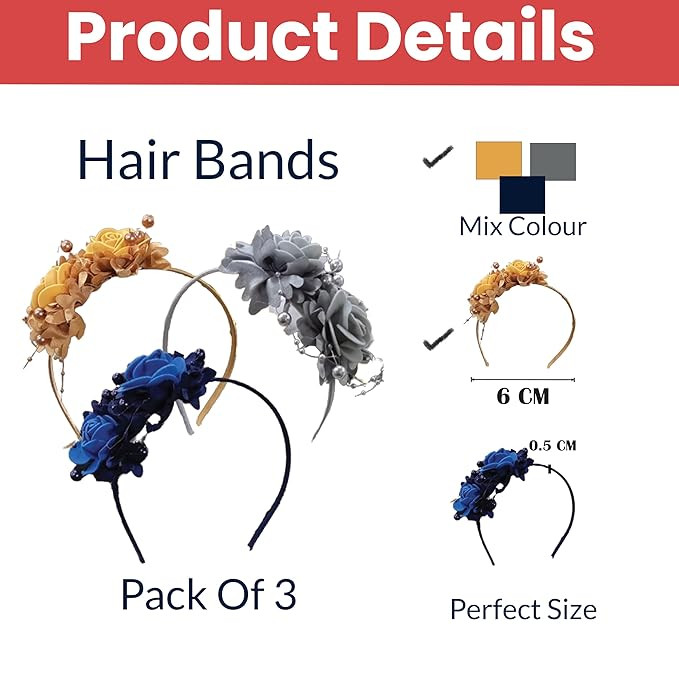 TEMPERIA (3pcs) Hair Accessories for Girls - Hair Band for Girls Kids - Cute, Stylish & Fancy Hairband Headband Head Band (Random Colors) (MN02)